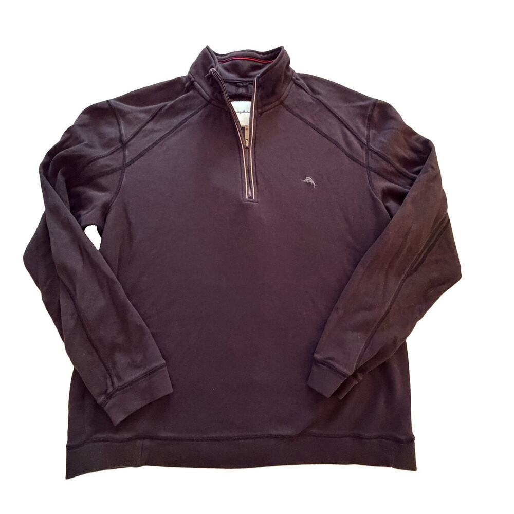 Tommy Bahama 100% Pima Cotton 1/4 Zip Purple Sweater Mens Marlin Logo L EUC